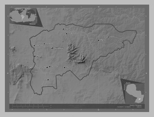 Guaira, Paraguay. Grayscale. Labelled points of cities