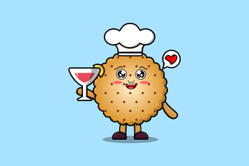 Cute cartoon Cookies chef character holding wine glass flat cartoon style illustration