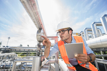 Male engineer controlling measuring instrument at geothermal power station, Bavaria, Germany