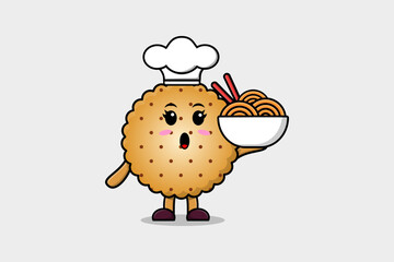 Cute cartoon Cookies chef character holding noodles in bowl flat cartoon style illustration