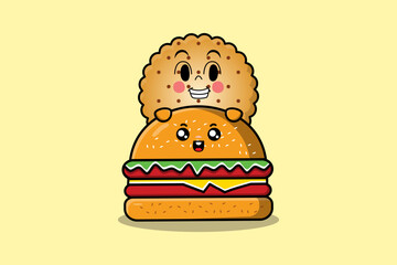 Cute Cookies cartoon character hiding in burger illustration in flat modern design