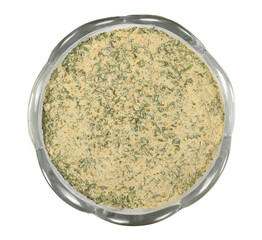 Tzatziki seasoning, mix in glass bowl isolated on white, top view