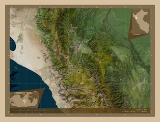 Cajamarca, Peru. Low-res satellite. Labelled points of cities