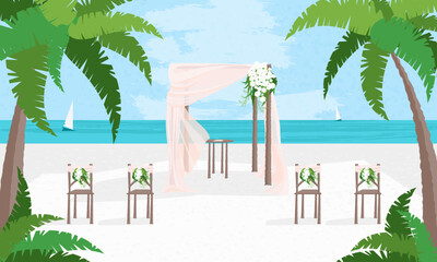 Cartoon Color Beach with Wedding Ceremony Arch Landscape Scene Romantic Marriage Concept Flat Design Style. Vector illustration