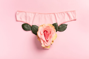 Underpants and flower on close up. Concept Keep your vagina healthy and happy. Top view Flat lay. - obrazy, fototapety, plakaty