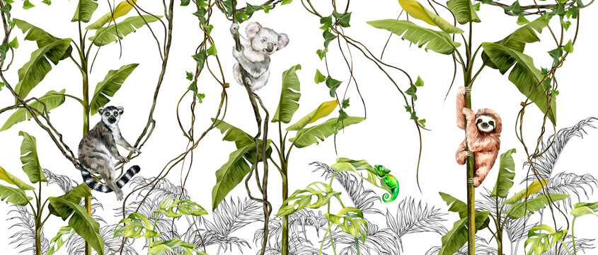 Tropical animals on branches and vines, art drawing on a white background, photo wallpaper in the interior