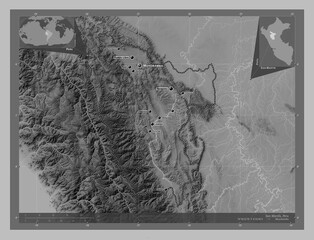 San Martin, Peru. Grayscale. Labelled points of cities