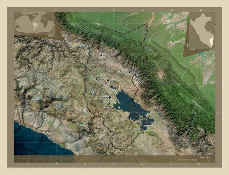 Puno, Peru. High-res satellite. Labelled points of cities