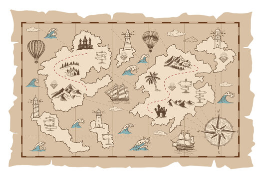 Vector sketch of an old pirate treasure map. Hand-drawn illustrations, vector.
