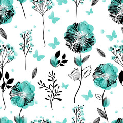 Seamless pattern blue flowers. Vector illustration