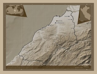 Tumbes, Peru. Sepia. Labelled points of cities