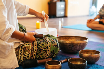 close up Tibetan singing bowl in sound therapy