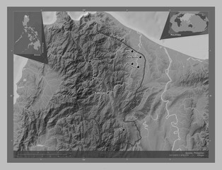 Apayao, Philippines. Grayscale. Labelled points of cities