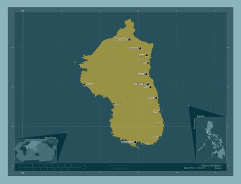 Bataan, Philippines. Solid. Labelled points of cities