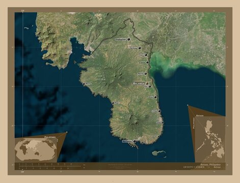 Bataan, Philippines. Low-res satellite. Labelled points of cities