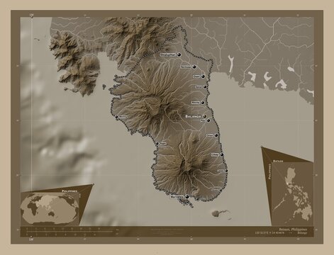 Bataan, Philippines. Sepia. Labelled points of cities
