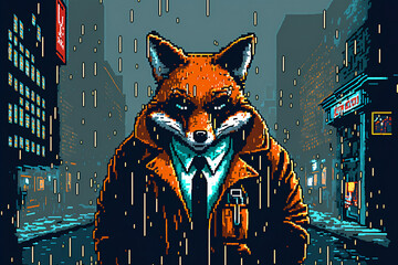 32-bit art/pixel art of a fox detective. Cyberpunk. Generative AI. 