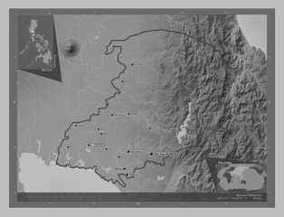 Bulacan, Philippines. Grayscale. Labelled points of cities