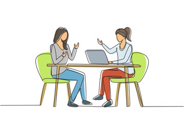 Single one line drawing TV show with guest. Female celebrity giving interview to television presenter in studio, journalist asking famous woman host. Continuous line draw design vector illustration