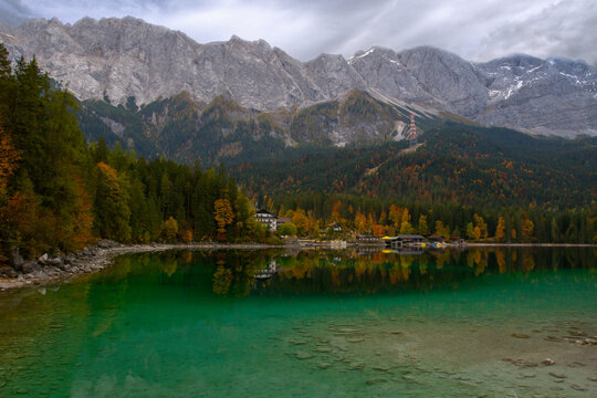 Eibsee in Germany, a lake in Bavaria. Located at an altitude of 1000 m, a few kilometers from the highest mountain in the country - the Zugspitze. The water in the lake is turquoise. Tourism in Europe