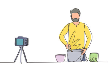 Single continuous line drawing vegetarian food blogger, Arabian man stir and cook vegetable salad. Online culinary course tutorials, foods preparation vlog. One line draw design vector illustration