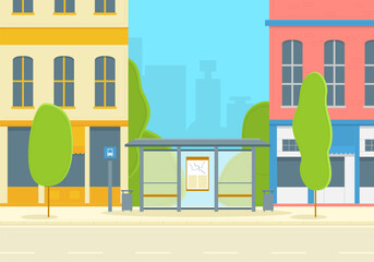 Cartoon Color City Bus Stop Concept Flat Design Style Urban Outdoor View. Vector illustration of Public Transport