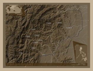 Ifugao, Philippines. Sepia. Labelled points of cities