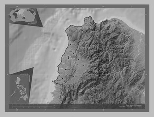 Ilocos Norte, Philippines. Grayscale. Labelled points of cities