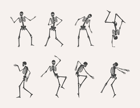 Cartoon Black Different Dancing Human Bones Set Concept Flat Design Style. Vector illustration of Funny Dance Skeleton