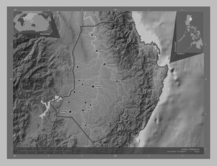 Isabela, Philippines. Grayscale. Labelled points of cities