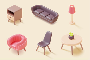 3d Different Furniture Home Set Plasticine Cartoon Style Include of Chair, Armchair and Sofa. Vector illustration