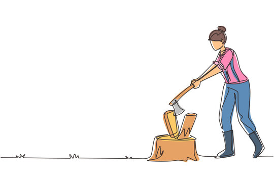 Single one line drawing woodwoman or lumberwoman in checkered shirt, sling pants chopping wood with ax on tree stump. Woman with ax in her hands cuts tree. Continuous line draw design graphic vector