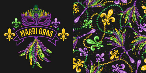 Set of label, seamless pattern for Mardi gras carnival decoration. Fleur de lis, feathers, beads on dark background. For prints, clothing, t shirt, holiday goods, stuff. Vintage style