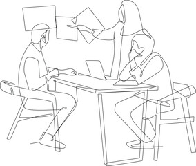One continuous line drawing of people’s discussion for a found solution. Teamwork minimalist concept. Problem-solving business concept. Teamwork, vector graphic design illustration.