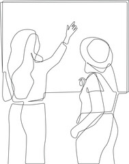One continuous line drawing of two people discussing theory on a whiteboard. Teamwork minimalist concept. Problem-solving business concept. Teamwork, single line drawing vector graphic design.