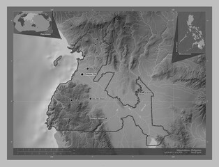 Maguindanao, Philippines. Grayscale. Labelled points of cities