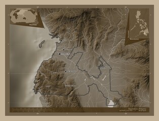 Maguindanao, Philippines. Sepia. Labelled points of cities