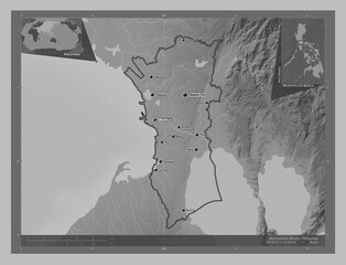 Metropolitan Manila, Philippines. Grayscale. Labelled points of cities