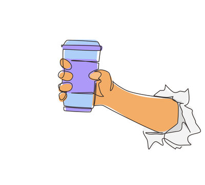 recommend clip art: Continuous one line drawing hand holding disposable paper black coffee cup through torn white paper. Energy boost, hot drink in take-away package. Single line draw design vector graphic illustration
