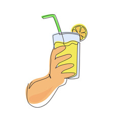 Single continuous line drawing hand holding glass with lemonade fruit juice. Drink made of fresh lemon juice. Juicy water with straw. Relaxing time. One line draw graphic design vector illustration - obrazy, fototapety, plakaty