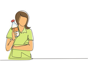 Single one line drawing cheerful woman holds bottle of fresh almond milk shows healthy vegetarian product smiles happily. Food nutrition. Modern continuous line draw design graphic vector illustration