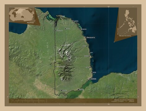Misamis Occidental, Philippines. Low-res satellite. Labelled points of cities