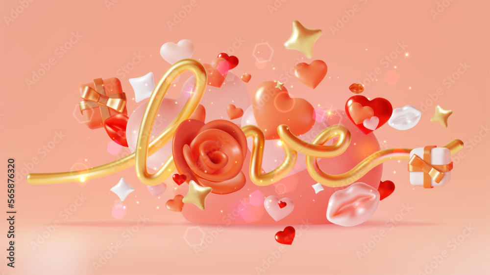 Canvas Prints 3d Happy Valentines Day Holiday Concept Plasticine Cartoon Style. Vector illustration of Love Golden Inscription with Hearts and Rose Flower