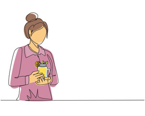 Single continuous line drawing young woman teacher hand holding mug of orange juice at office in morning daylight. Leisure time before start teaching at university. One line draw graphic design vector