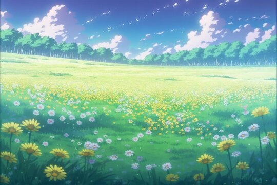 花 カラフル 草原 植物 花畑 幻想 ファンタジー アニメ, generative ai