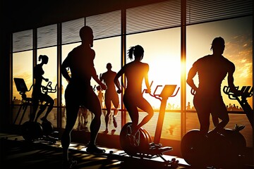 Mixed group of men and women of different ages in inclusive gym, fitness studio. Silhouettes of active sporty people on gym machines. Inclusive fitness concept, AI generative illustration.