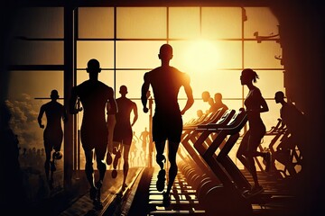 Mixed group of men and women of different ages in inclusive gym, fitness studio. Silhouettes of active sporty people on gym machines. Inclusive fitness concept, AI generative illustration.