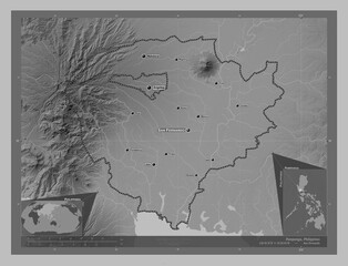 Pampanga, Philippines. Grayscale. Labelled points of cities