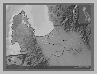 Pangasinan, Philippines. Grayscale. Labelled points of cities