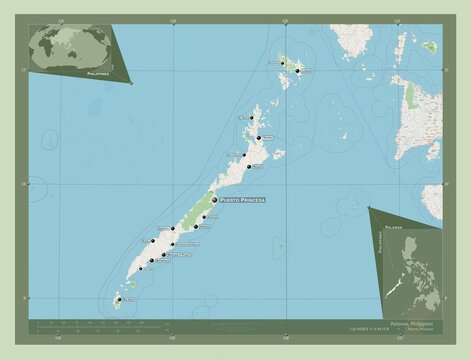 Palawan, Philippines. OSM. Labelled points of cities
